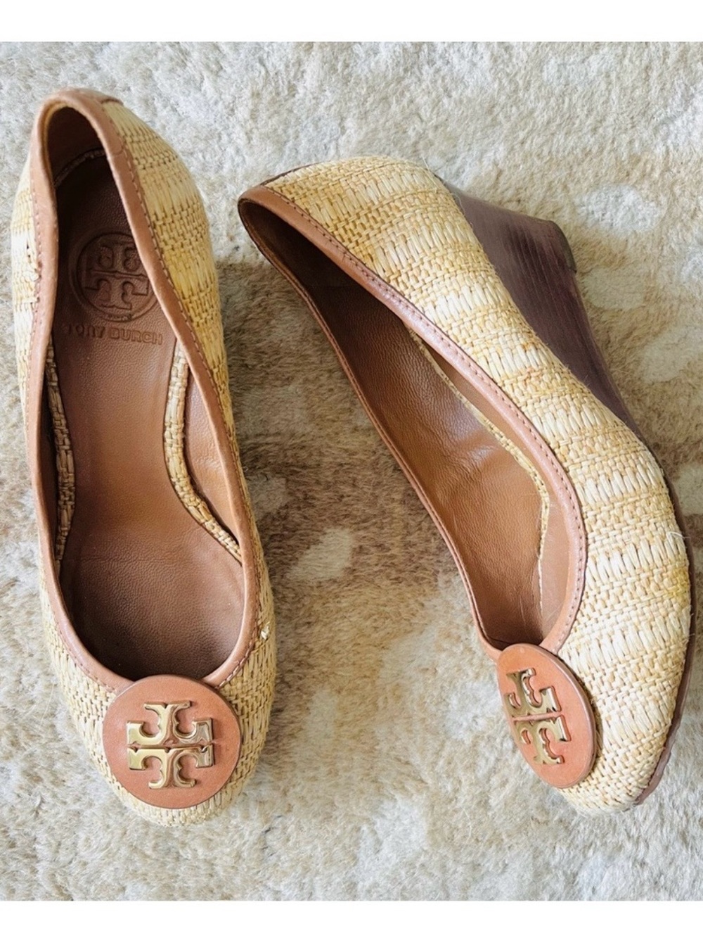 Tory Burch Sally Raffia Wedge Pumps - Tan Size  7 1/2